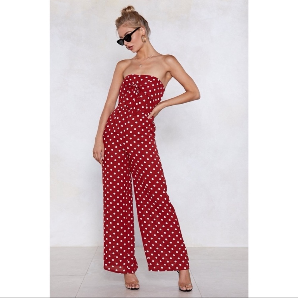 Nasty Gal Red Polka Dot Strapless Jumpsuit